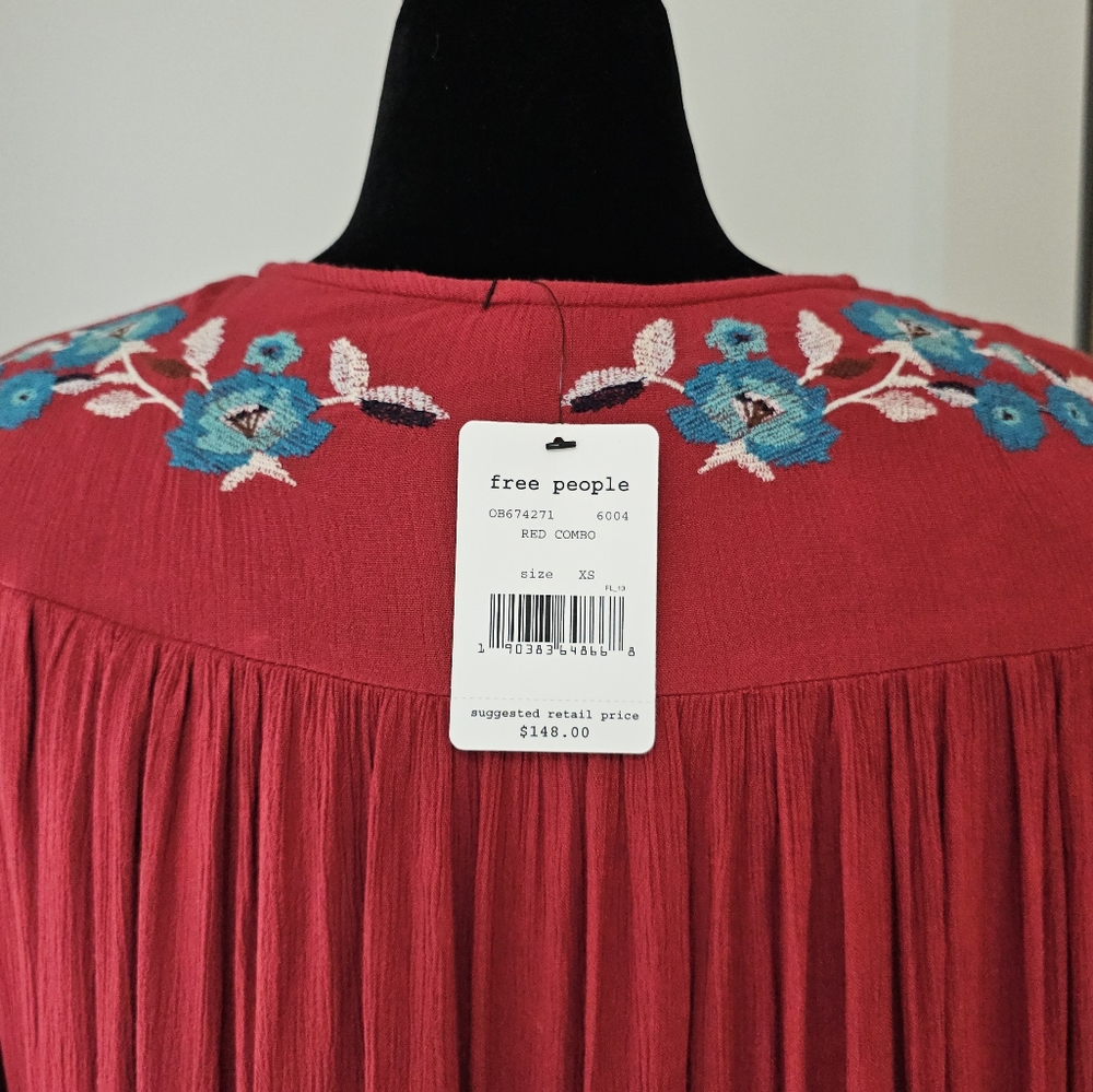 FREE PEOPLE Women's Size XS Red Combo Embroidered Long-Sleeve Blouse‎ - Picture 3 of 10